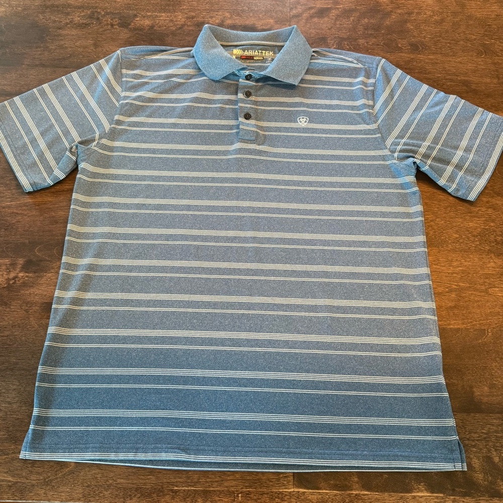 Ariat Tek Blue and Light Gray Striped Golf Polo